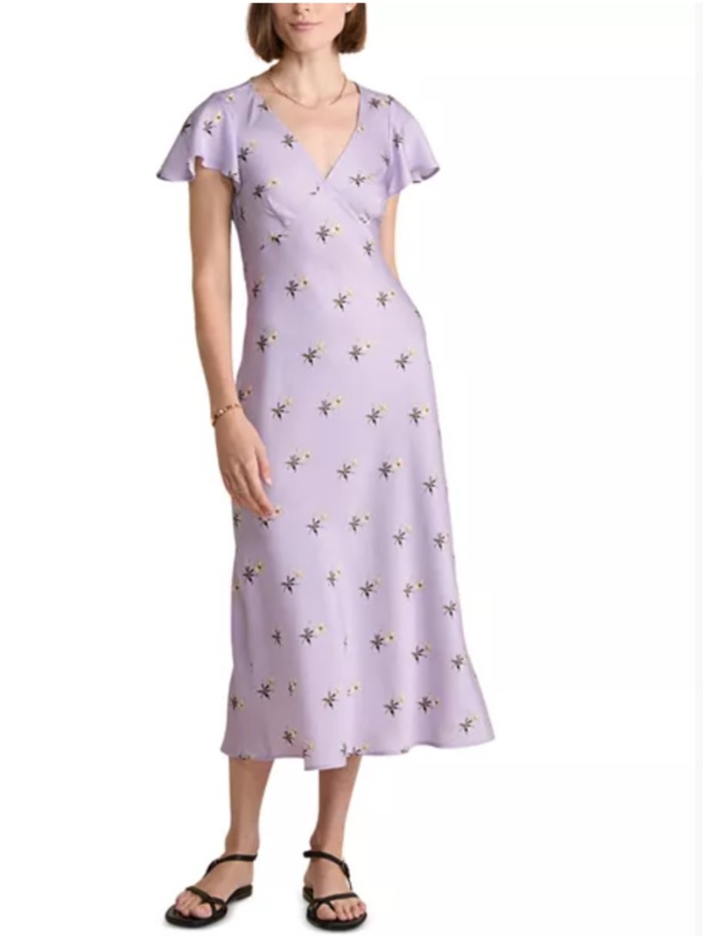 Vineyard Vines Lilac Satin Flutter-Sleeve Midi Dress with Small Floral Print
